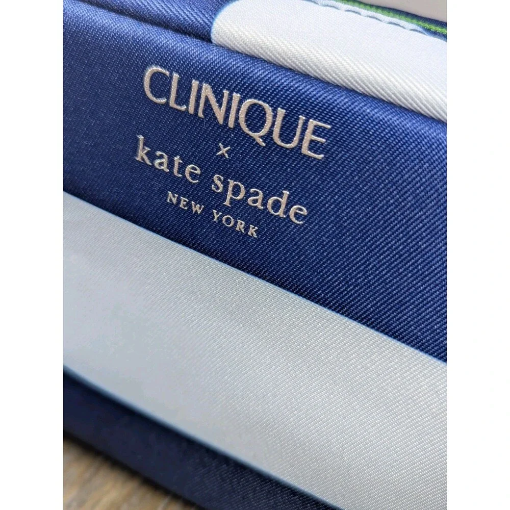 NEW Clinique Kate Spade Makeup Cosmetic Bag Zipper Pouch Blue White Stripe Logo