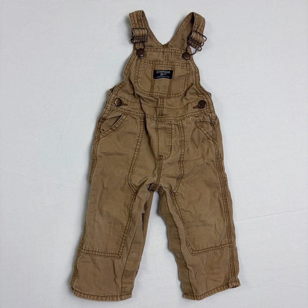 OshKosh Bgosh Kids Tan Canvas Overalls 12 Months Cotton Workwear Snaps Brown