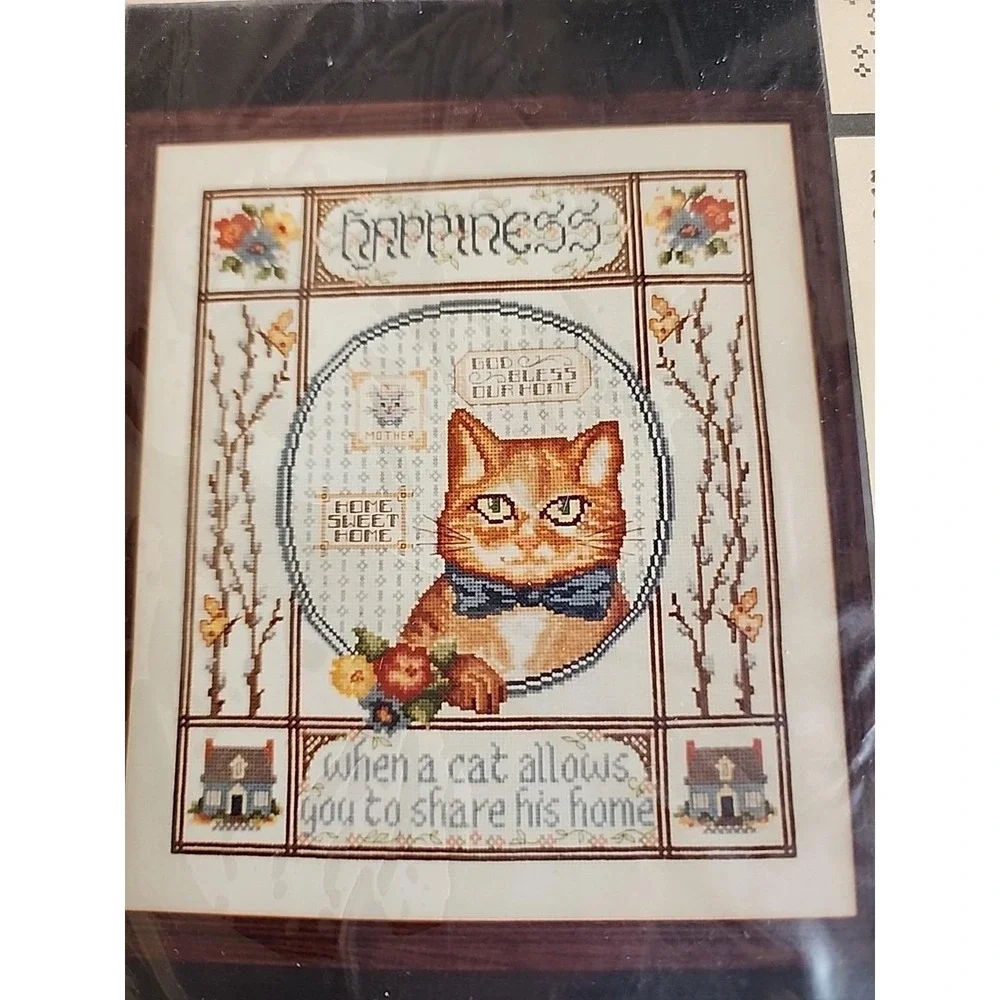 Vera K Enterprises Happiness Cat Home Cross Stitch Kit NOS New Vintage Kitty