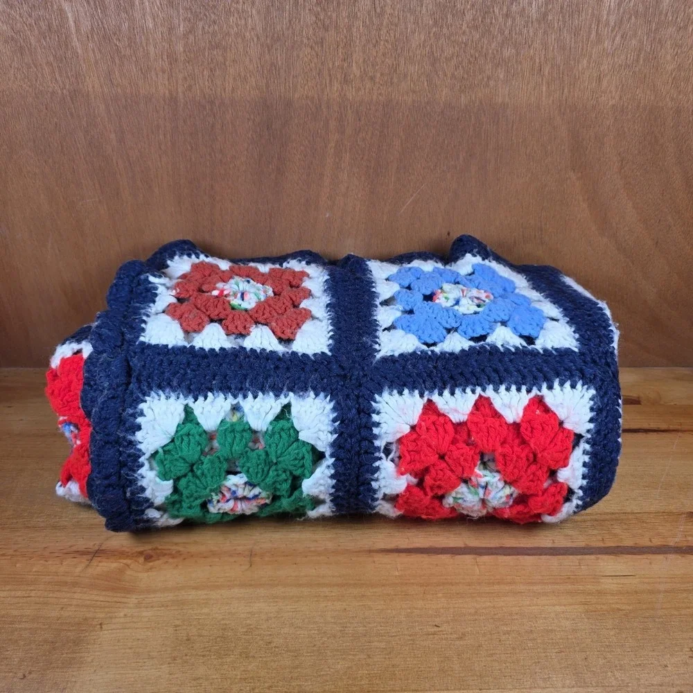 Vtg Handmade Crochet Granny Square Afghan Throw Blue Multicolor 50