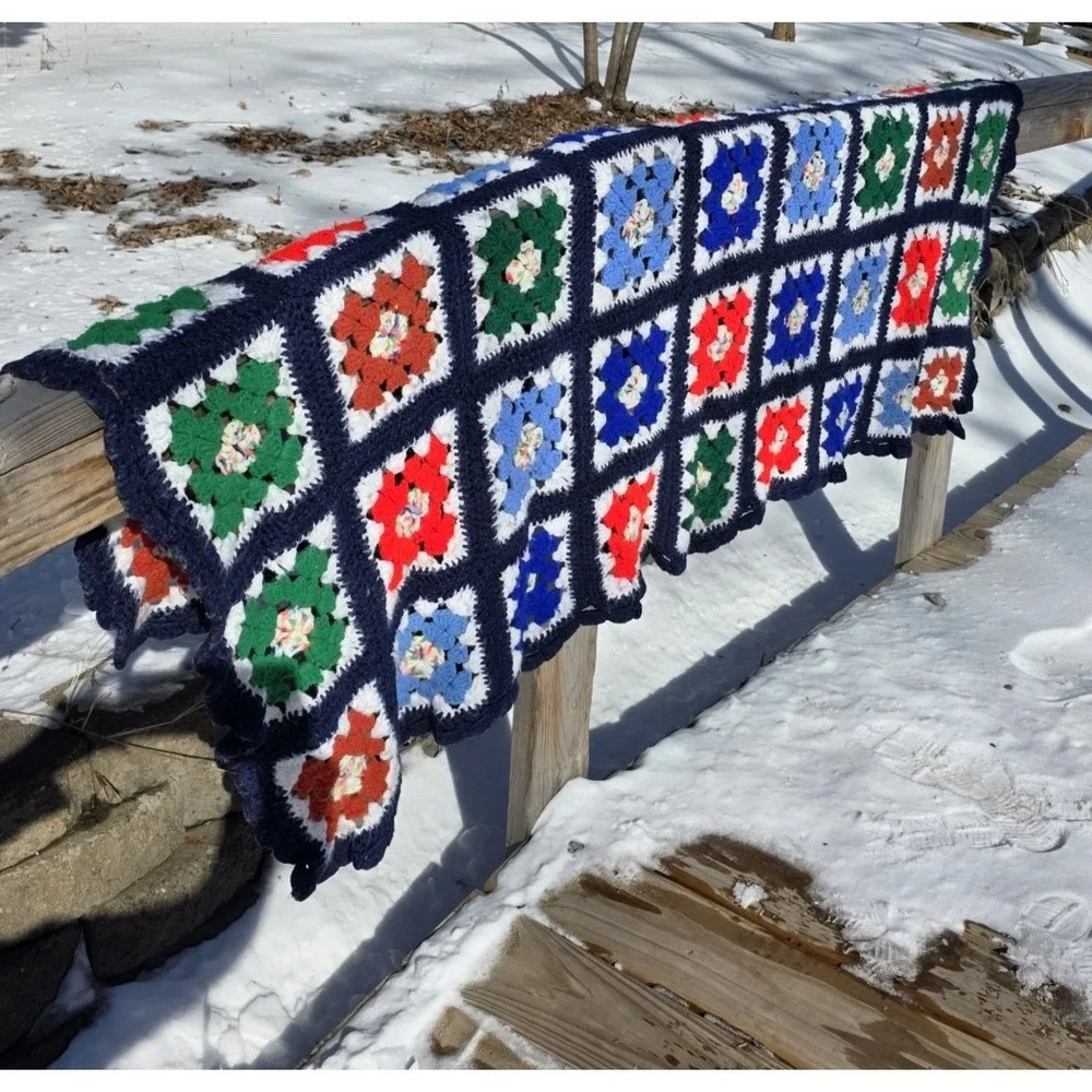 Vtg Handmade Crochet Granny Square Afghan Throw Blue Multicolor 50