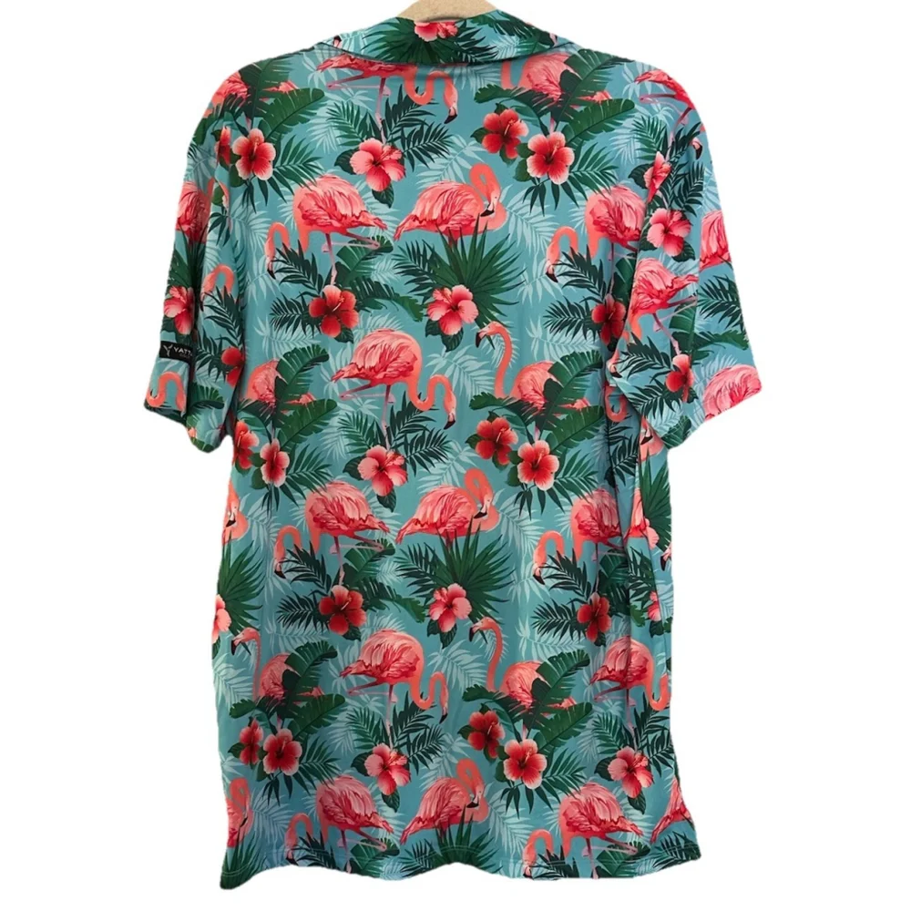 Yatta‎ Golf Pau Hana Polo Shirt Floral Flamingo Mens Medium Short Sleeve