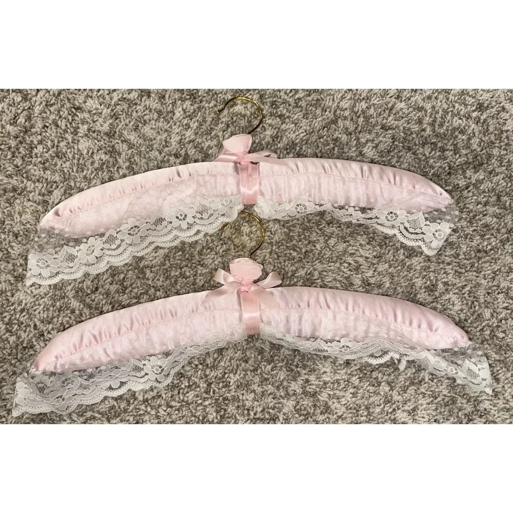 Set of Two Pink Satin and Lace Clothes Hangers Grandma Core Bridal Rosebud
