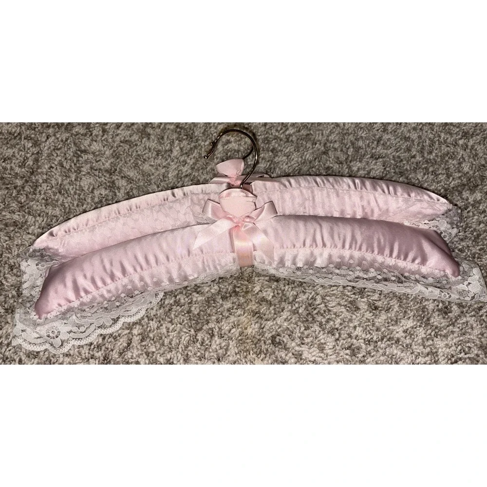 Set of Two Pink Satin and Lace Clothes Hangers Grandma Core Bridal Rosebud