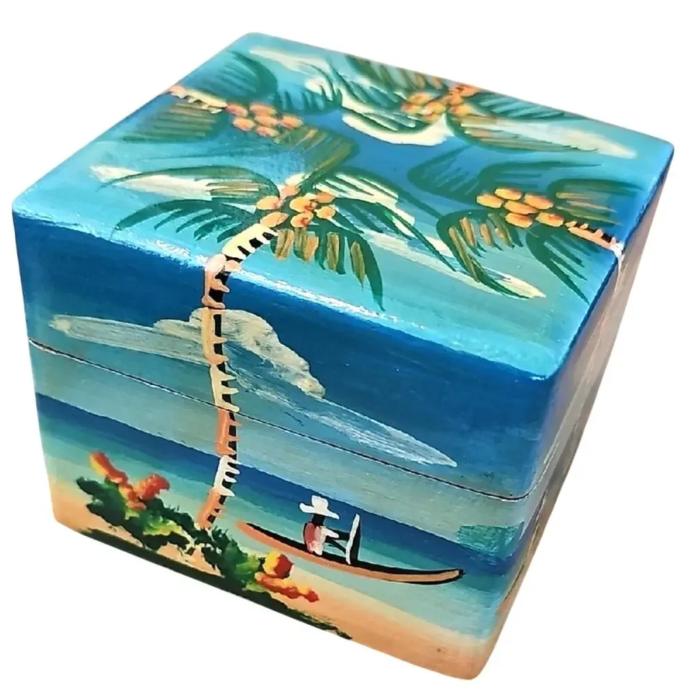 Gorgeous Hand-Painted Tropical Palm Trees and Man in a Canoe Wooden Trinket Box