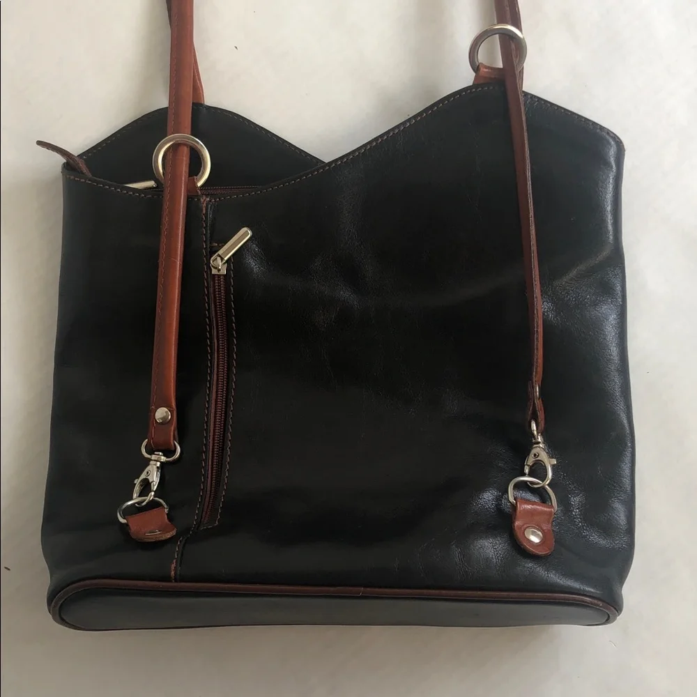 Vera Pelle Italian Leather Black/Brown Shoulder Backpack Bag