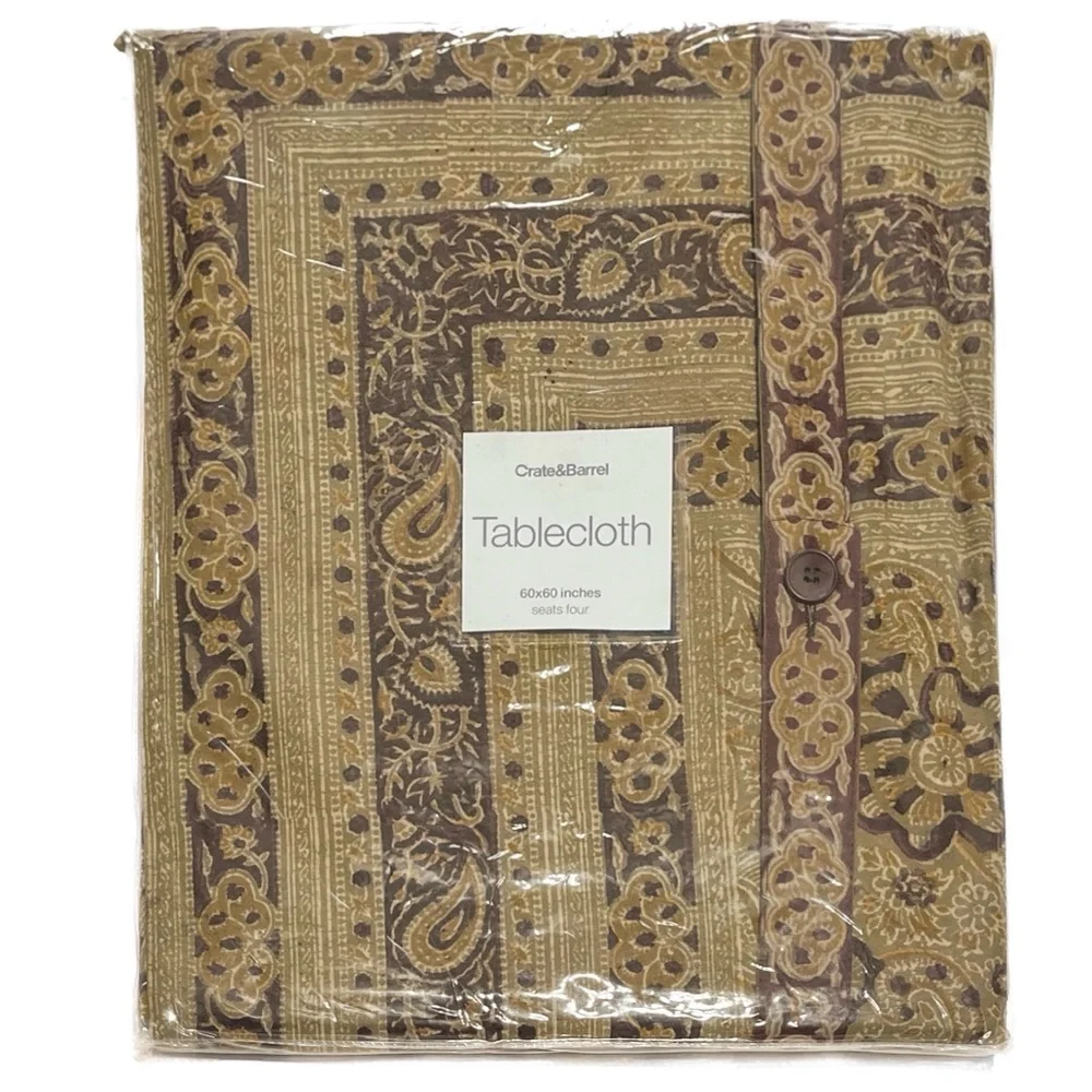 NOS Crate & Barrel Kalamkari Square Cotton Tablecloth Seats 4 Block Printed