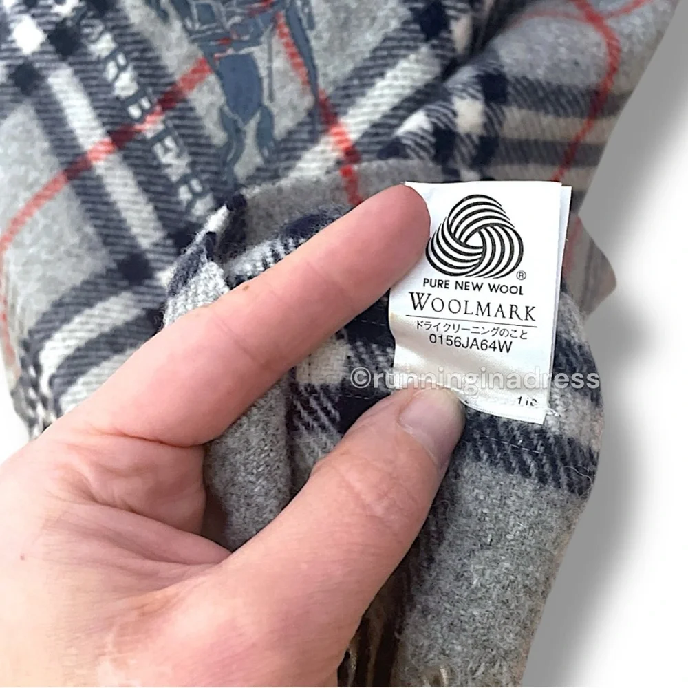 Vintage Burberry Nova Check Blanket Scarf Equestrian Knight Logo Grey Navy Blue