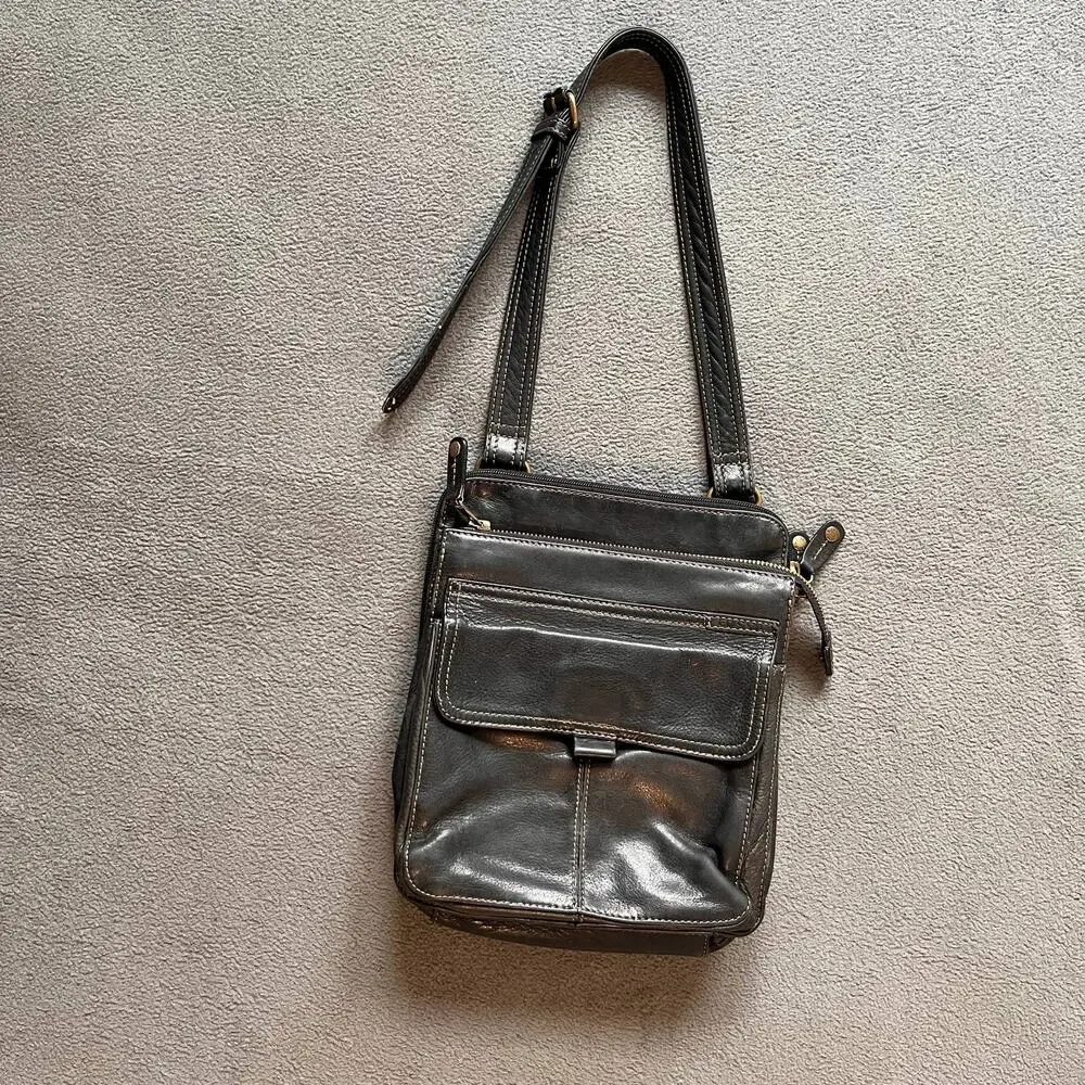 VTG Fossil Leather Shoulder Bag Black Unisex Minimalist Organizer Purse Retro