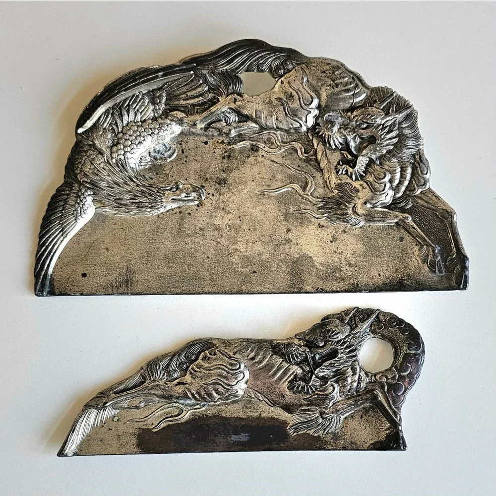 Japanese Crumb Catchers Set of 2 Phoenix Dragon Figural Metal Made in Japan