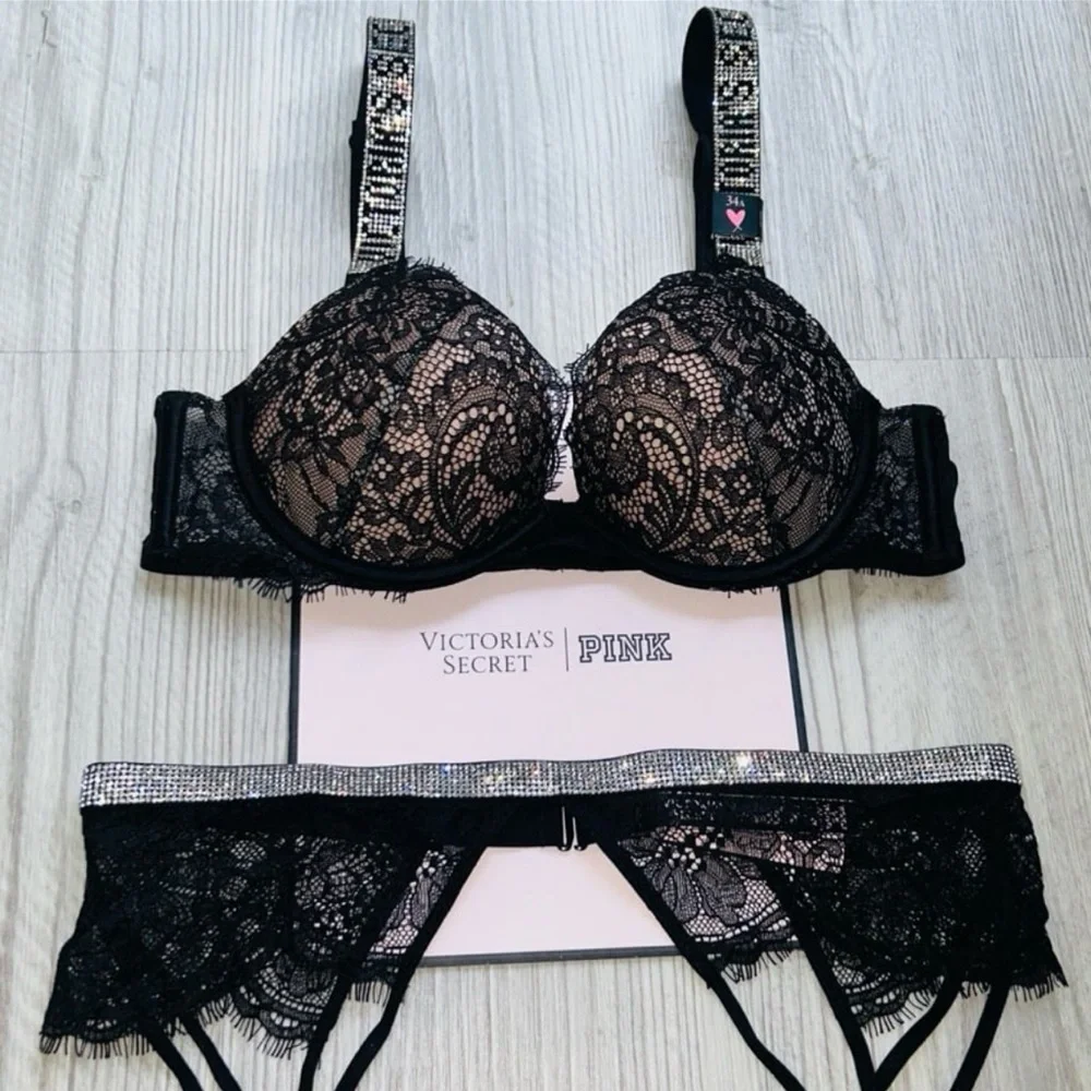 💎VS Very Sexy Black Lace Bling Push Up Bra With Matching Garter Belt Set NWT✨