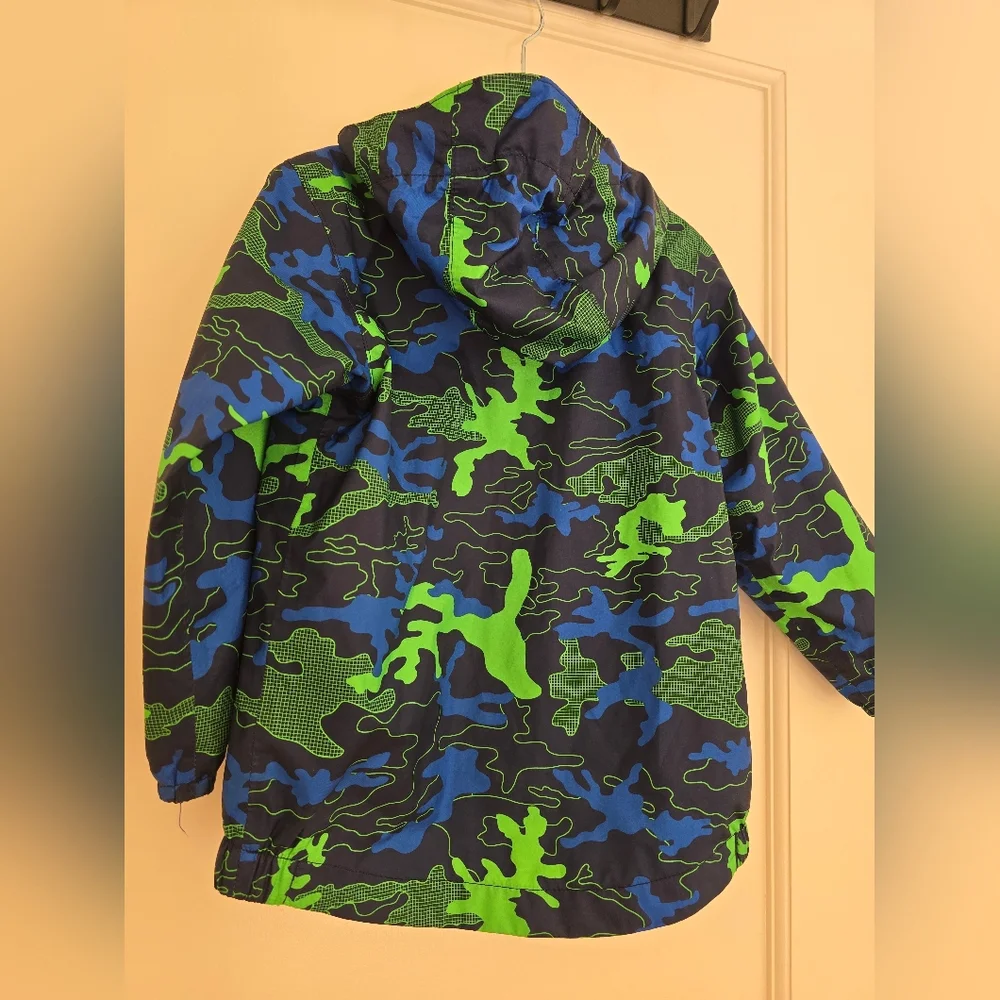 The North Face Tailout Rain Jacket Blue & Green Camo Hooded Kids 3T EUC