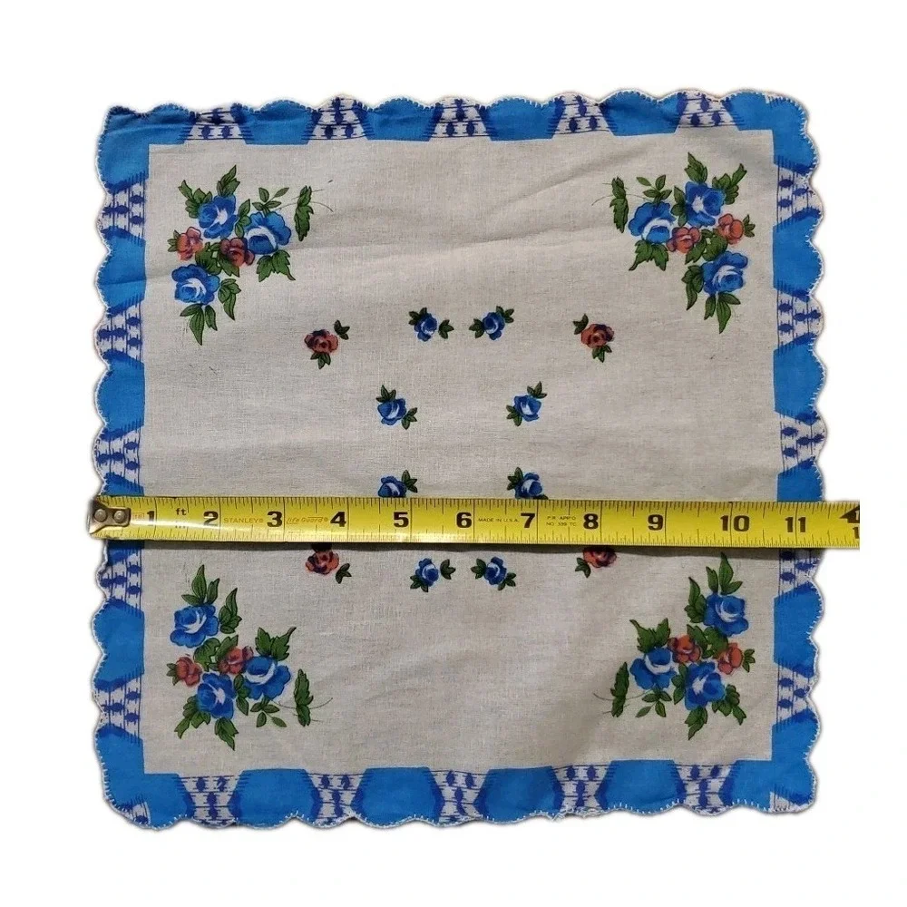 Linen Blue Rose Floral Handkerchief Scalloped Cottage Core Bridesmaid Granny