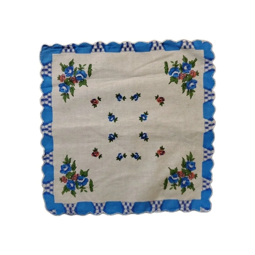 Linen Blue Rose Floral Handkerchief Scalloped Cottage Core Bridesmaid Granny