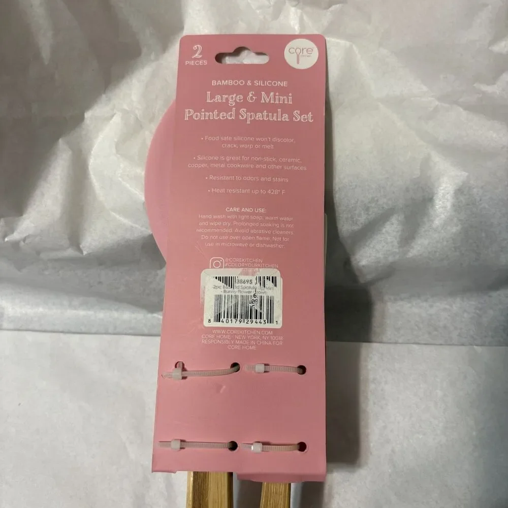 Easter Pink Bamboo Silicon Pointed Spatula 2 pc Set Large and Mini Rabbit Floral