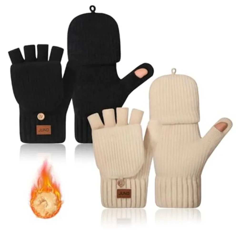 Unisex Winter Mittens Fingerless Gloves Upgraded Thermal Lined Knitted Gloves