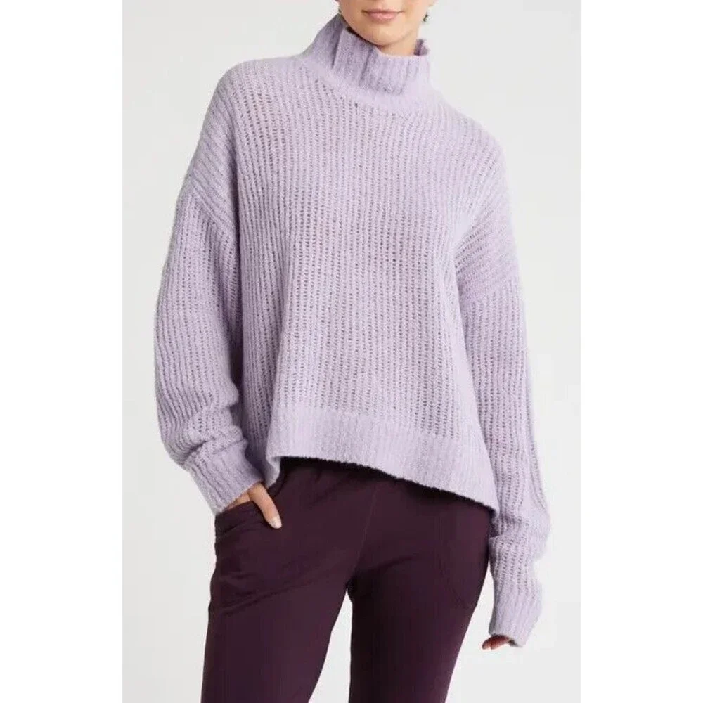 SPIRITUAL GANGSTER Eva Funnel Neck Sweater XS Dark Wisteria Purple Cable Knit A2