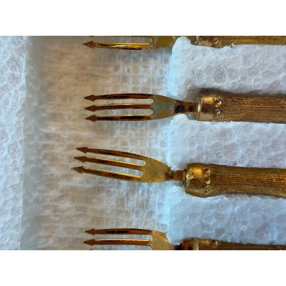 Vintage Florentine Gold Plated Faux Bamboo Hors d'Oeuvres Appetizer Forks - Set