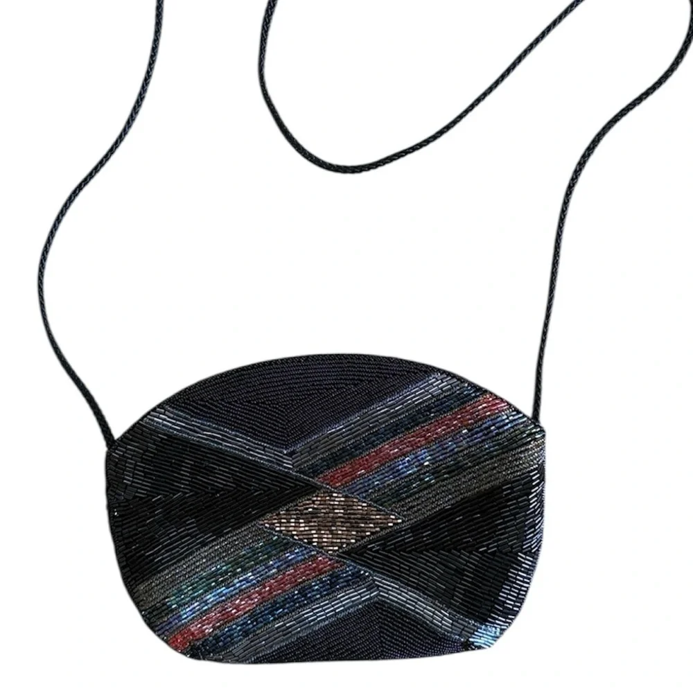 VINTAGE BEADED CLUTCH PURSE GEOMETRIC BLACK MULTICOLORED EVENING BAG CROSSBODY
