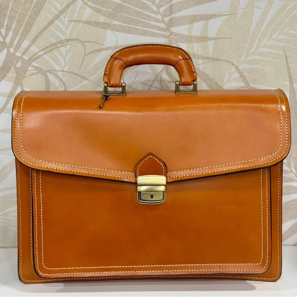 Classic Tan Leather Briefcase - Men Bags