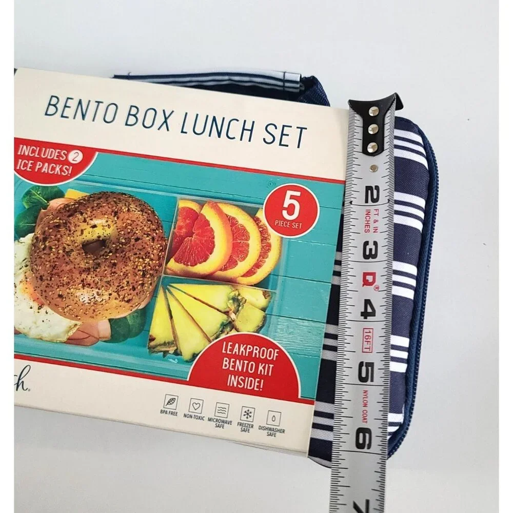 Fit & Fresh Bento Lunch Set 5 Pc Striped w 2 Ice Pack Insulated Zip Bag Navy NEW