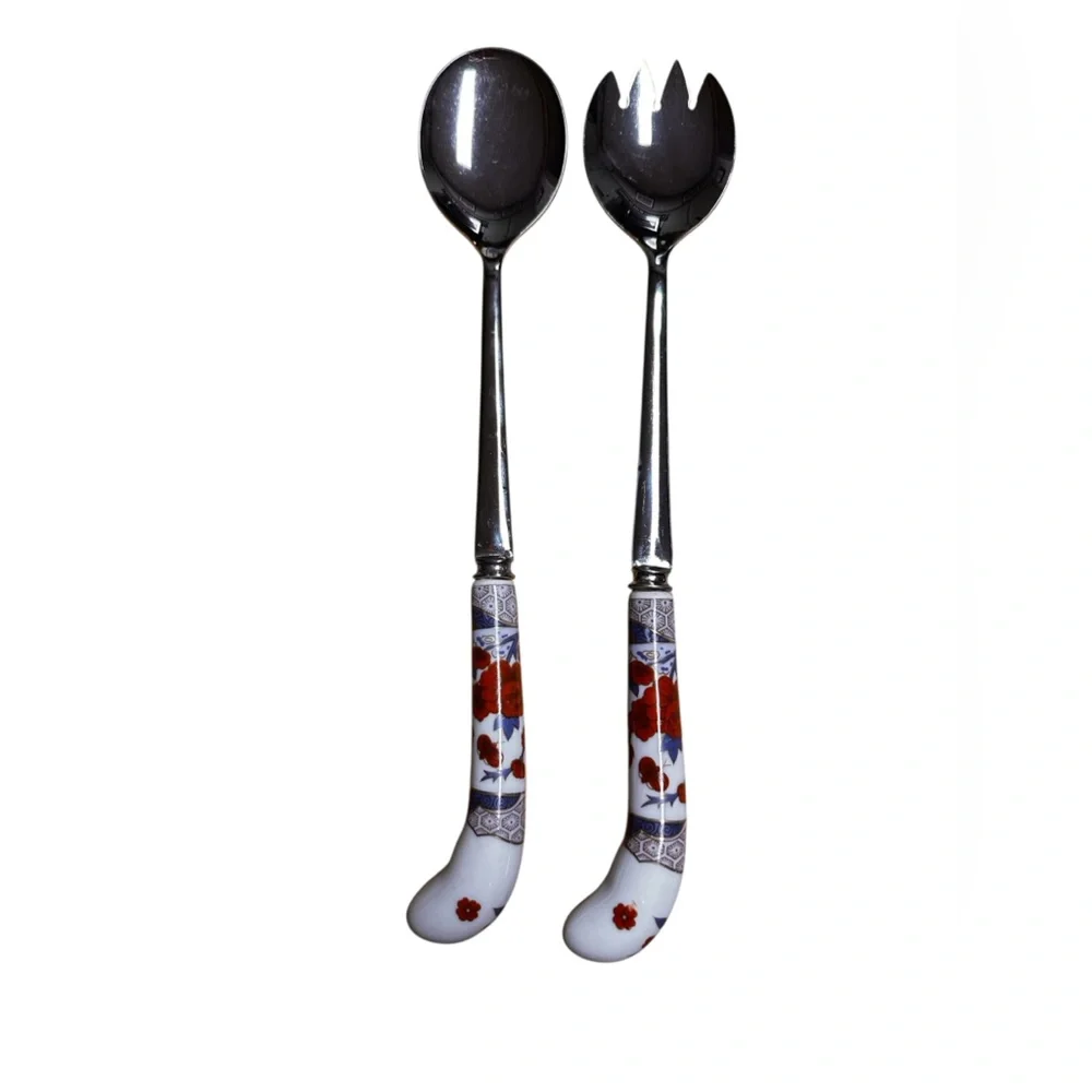 House of Prill Stainless Sheffield England Porcelain Salad Utensils Serving Set
