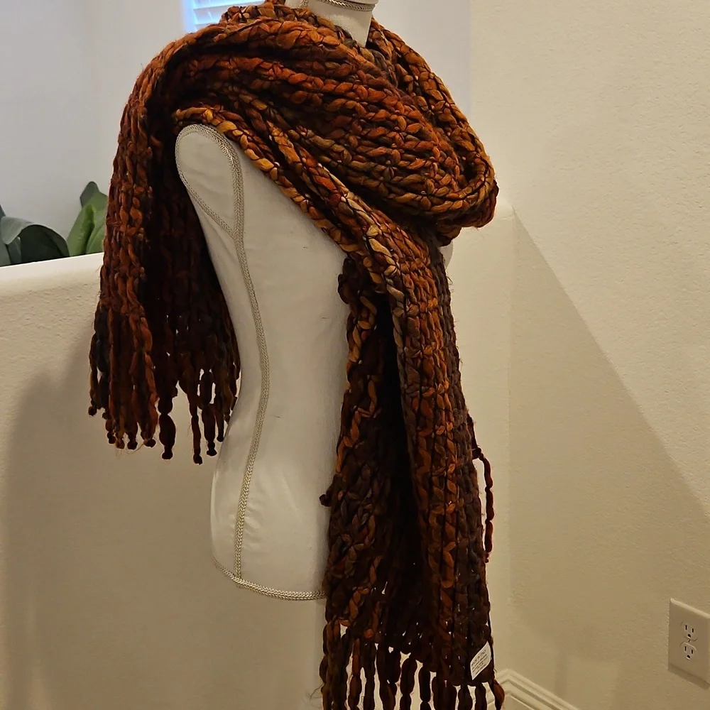 Helwn Welsh Italian Multicolor woven Orange Multicolor Fringe Shawl Scarf