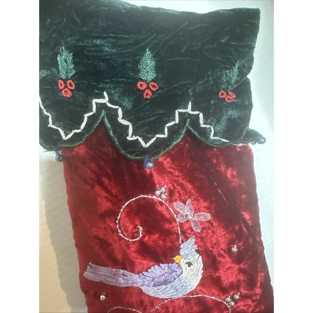 Embroidered Velvet Velour  Red & Green Christmas Stocking w/ Cardinal Birds