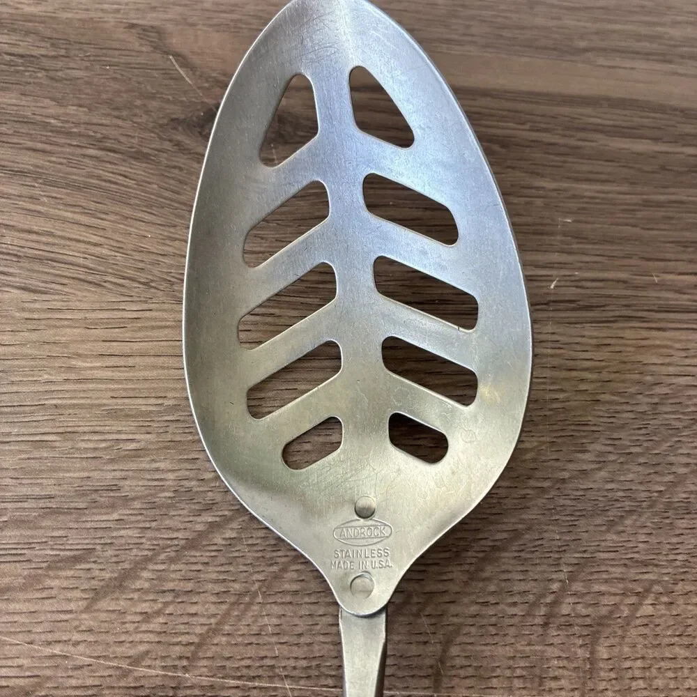 Vtg Androck Slotted Serving Spoon, Catalin Bullet Handle Stainless, USA, 1930s