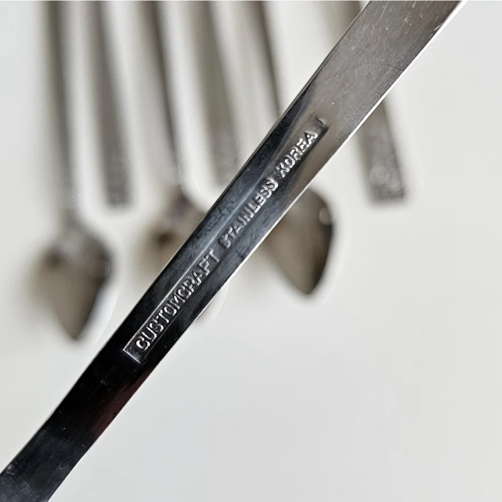 Customcraft Set of 6 Iced Tea Spoons & Serving Fork Stainless Flatware Floral