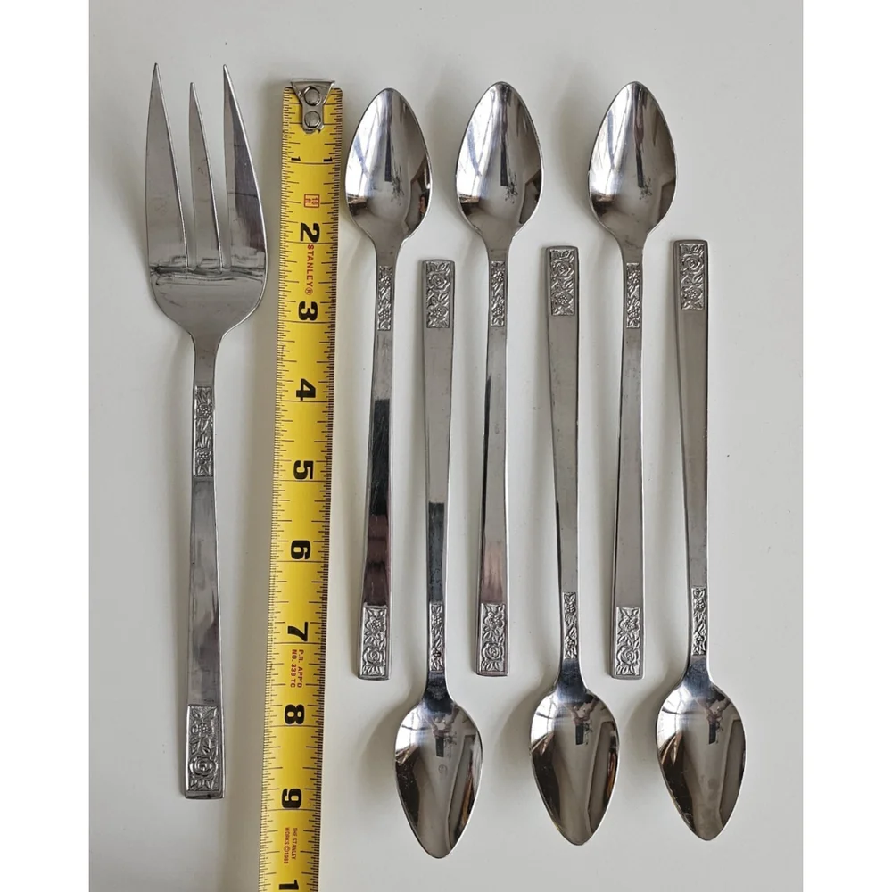 Customcraft Set of 6 Iced Tea Spoons & Serving Fork Stainless Flatware Floral