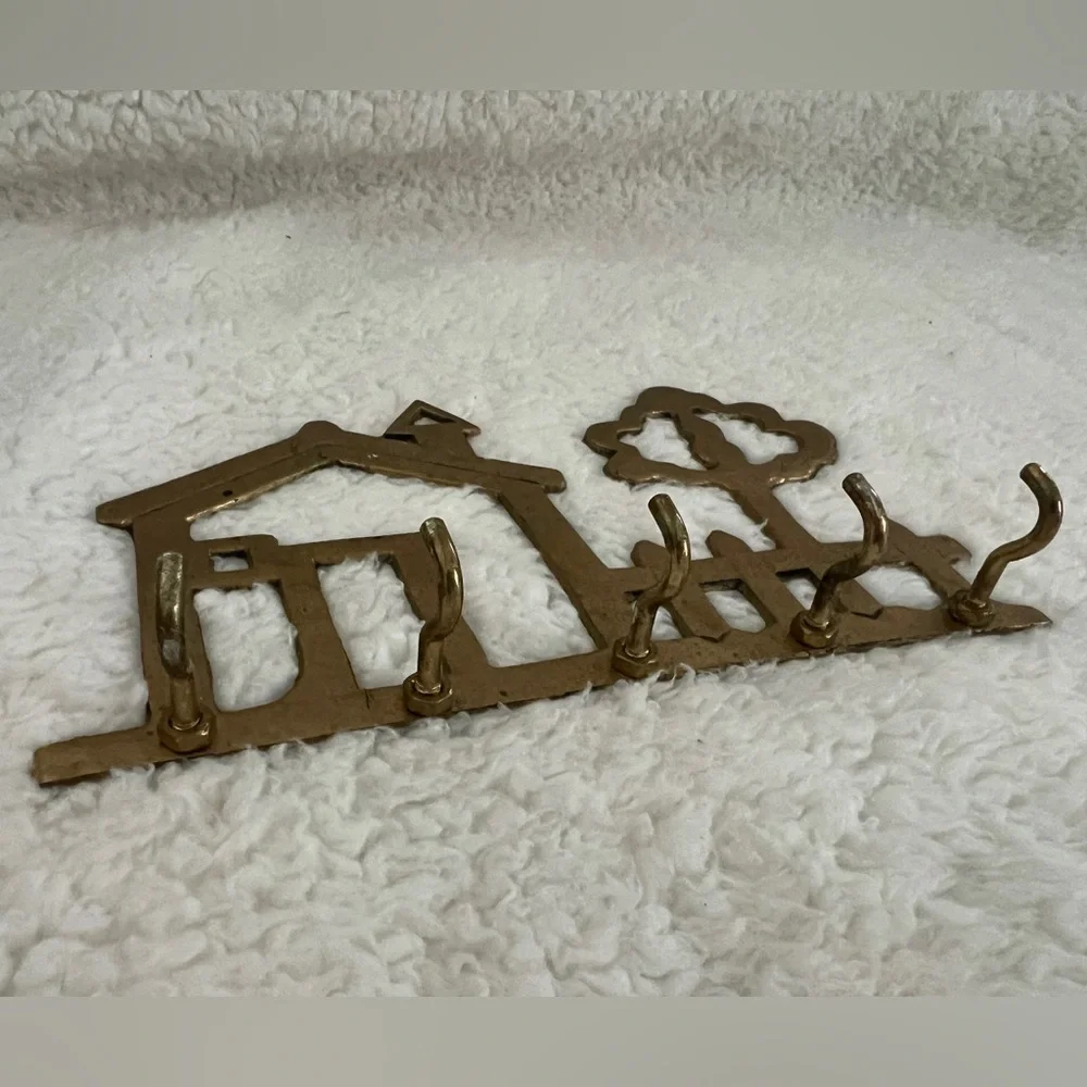 Vintage Solid Brass 5- Hook Key Holder House and Tree Wall Mount
