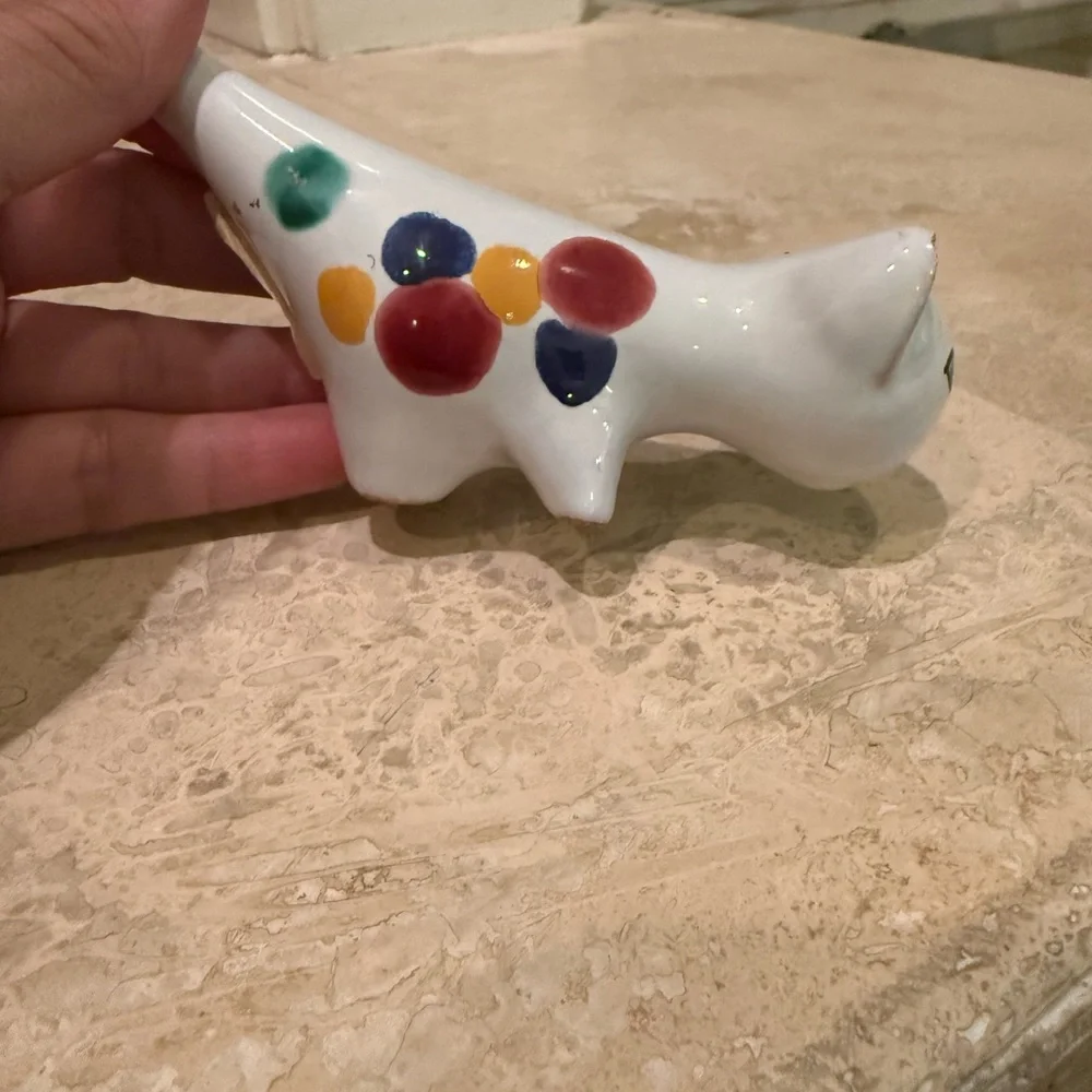 Ceramic Handmade Cat Figurine - White with Multicolor Accents