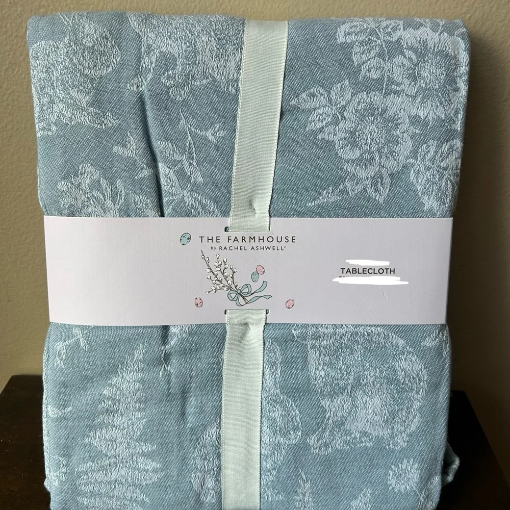 Rachel Ashwell Tablecloth New Easter Blue Bunny Floral Jacquard 60”x104” Oblong