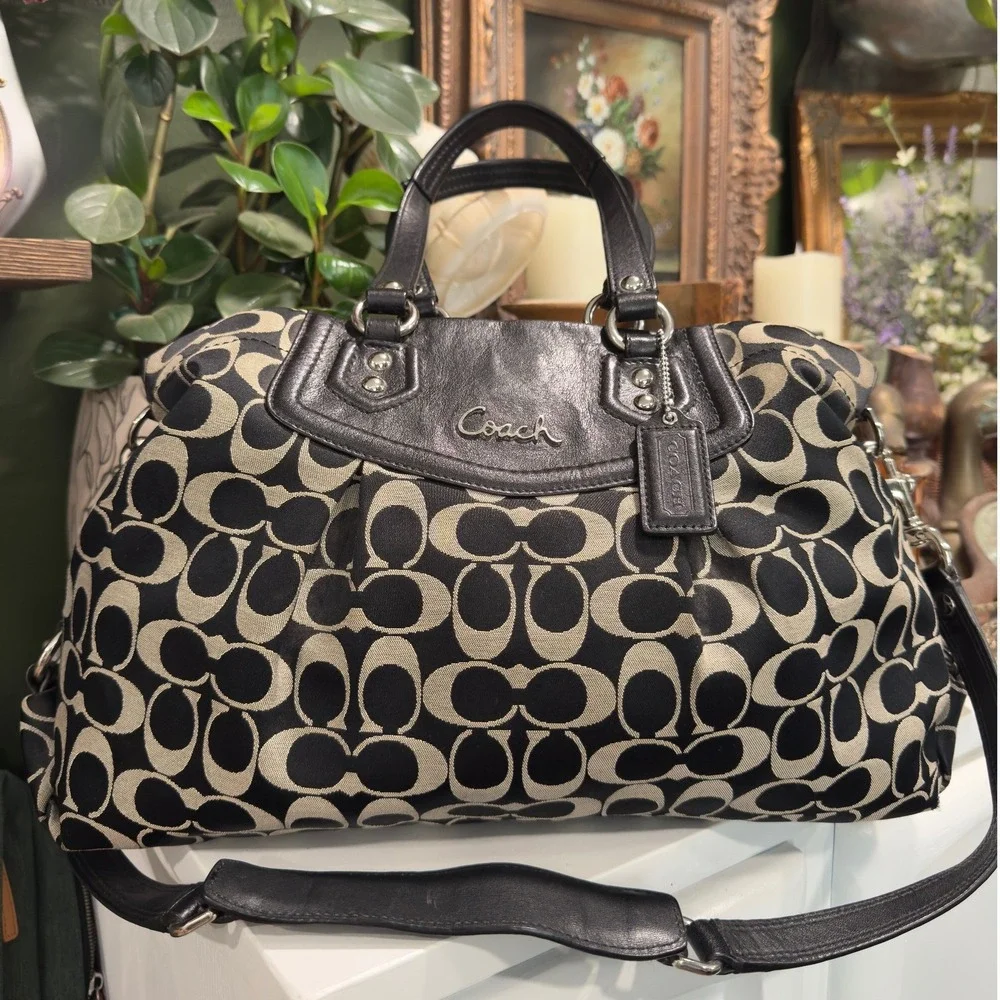 Coach Ashley Signature Satchel Black Grey Jacquard Leather Handbag F19244