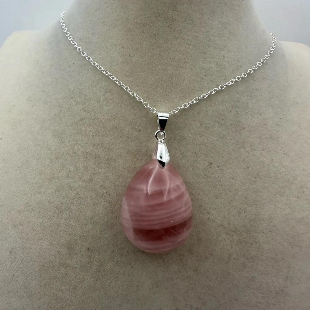 Madagascar Rose Quartz Teardrop Pendant Necklace on Silver Plated Box Chain