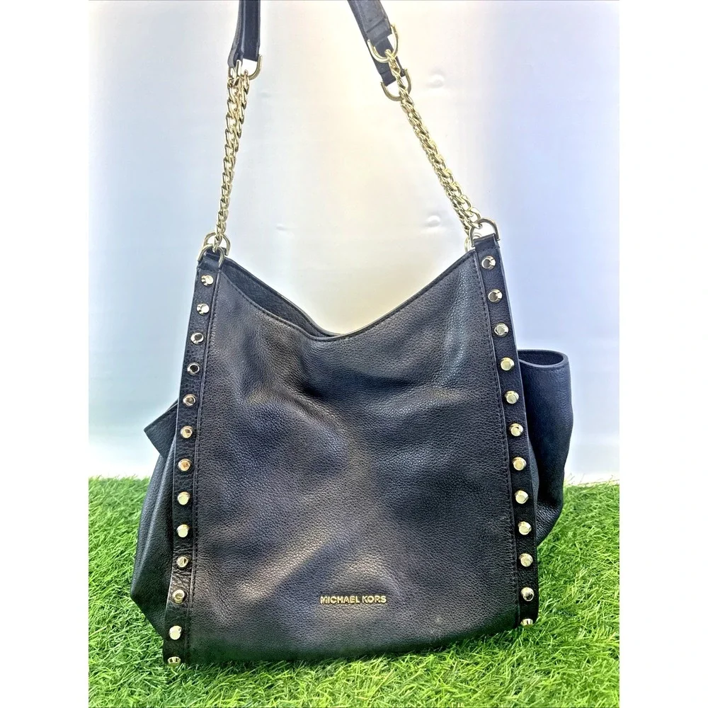 MICHAEL KORS Newbury Black STUDDED Gold Chain BLACK Leather HOBO Bag Tote Purse