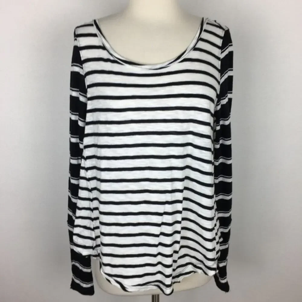 Free People Black & White Stripe Button Cuff Knit  Top Small