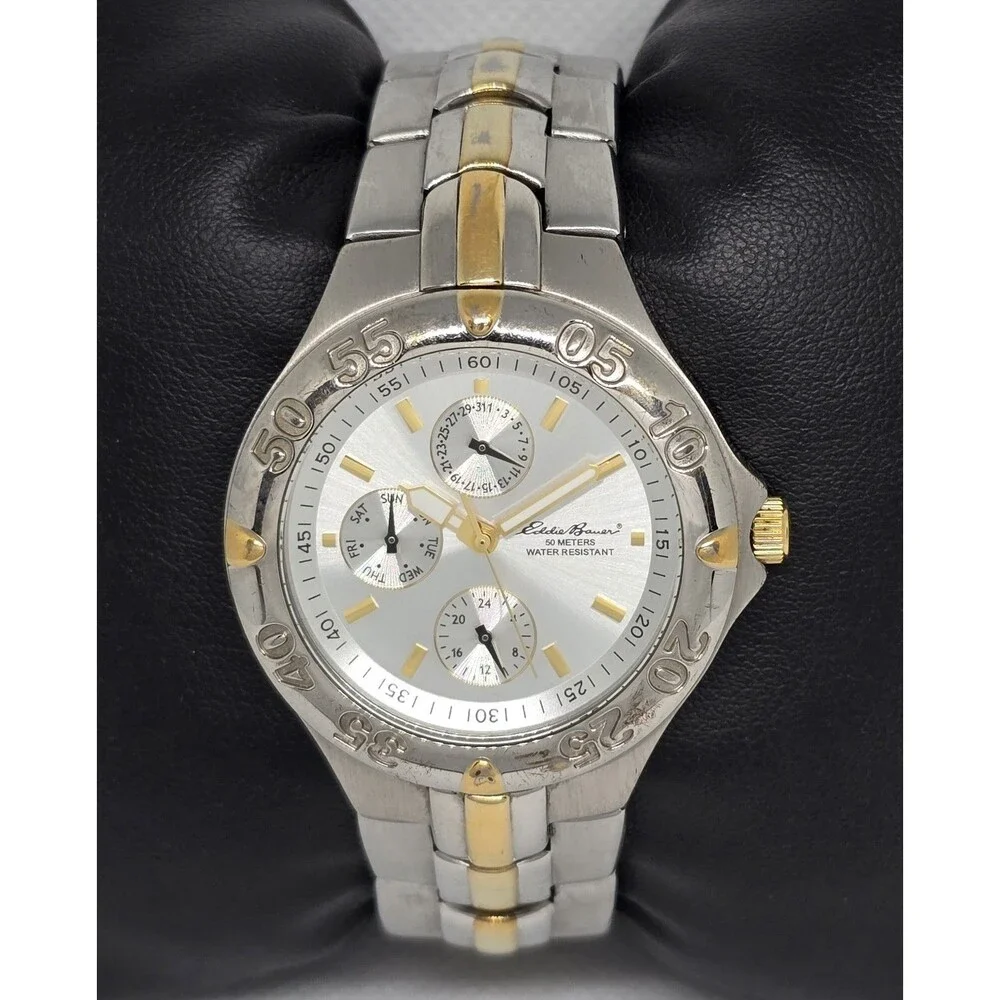 Men's Eddie Bauer Textured 3 Eye Silver Gold Two Tone Case Bracelet Watch 11