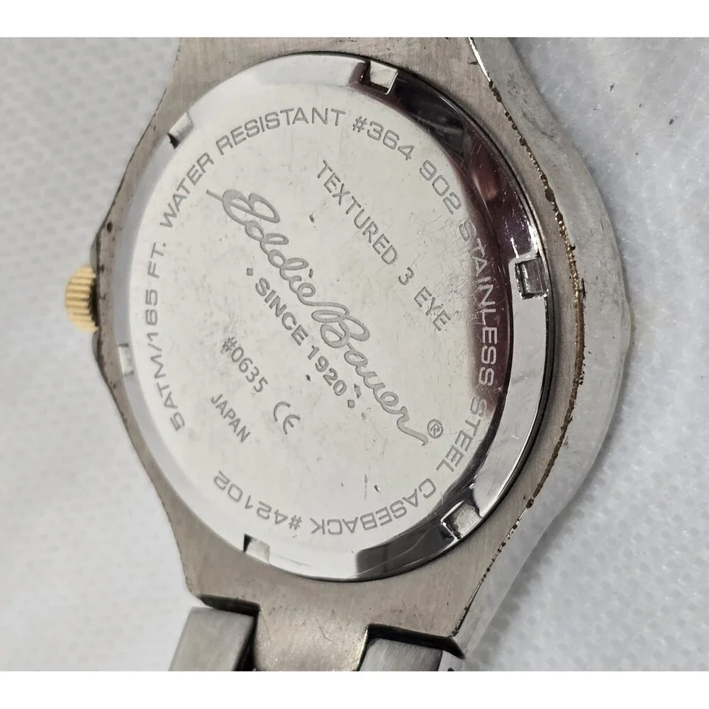 Men's Eddie Bauer Textured 3 Eye Silver Gold Two Tone Case Bracelet Watch 11