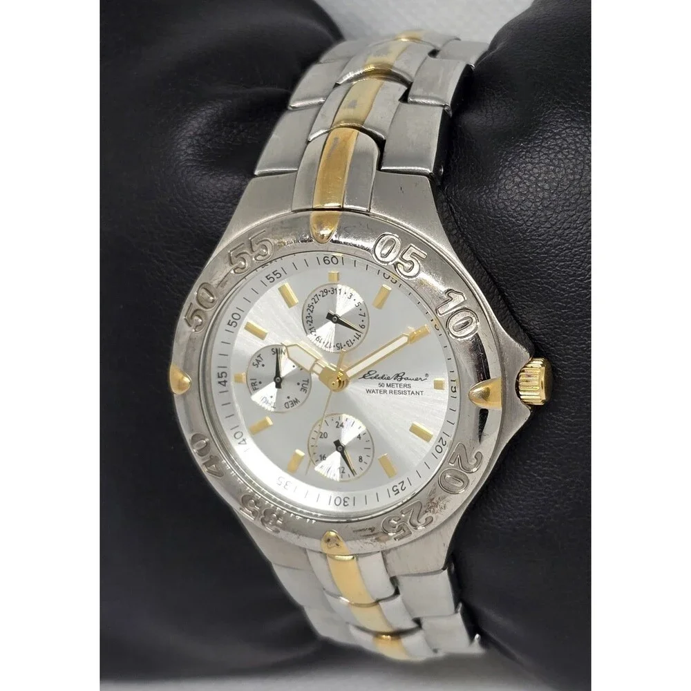 Men's Eddie Bauer Textured 3 Eye Silver Gold Two Tone Case Bracelet Watch 11