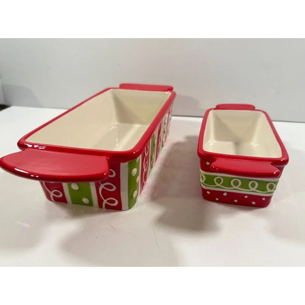 Baking Loaf Pans Stoneware Burton + Burton Christmas Red Green Polka Dots NEW