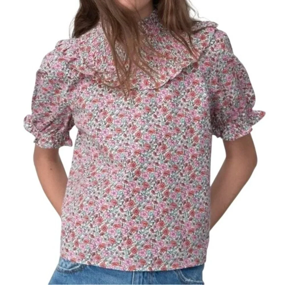 Zara Blouse Size Small Floral Smocked Ruffled High Neck Short Sleeves Bohemian