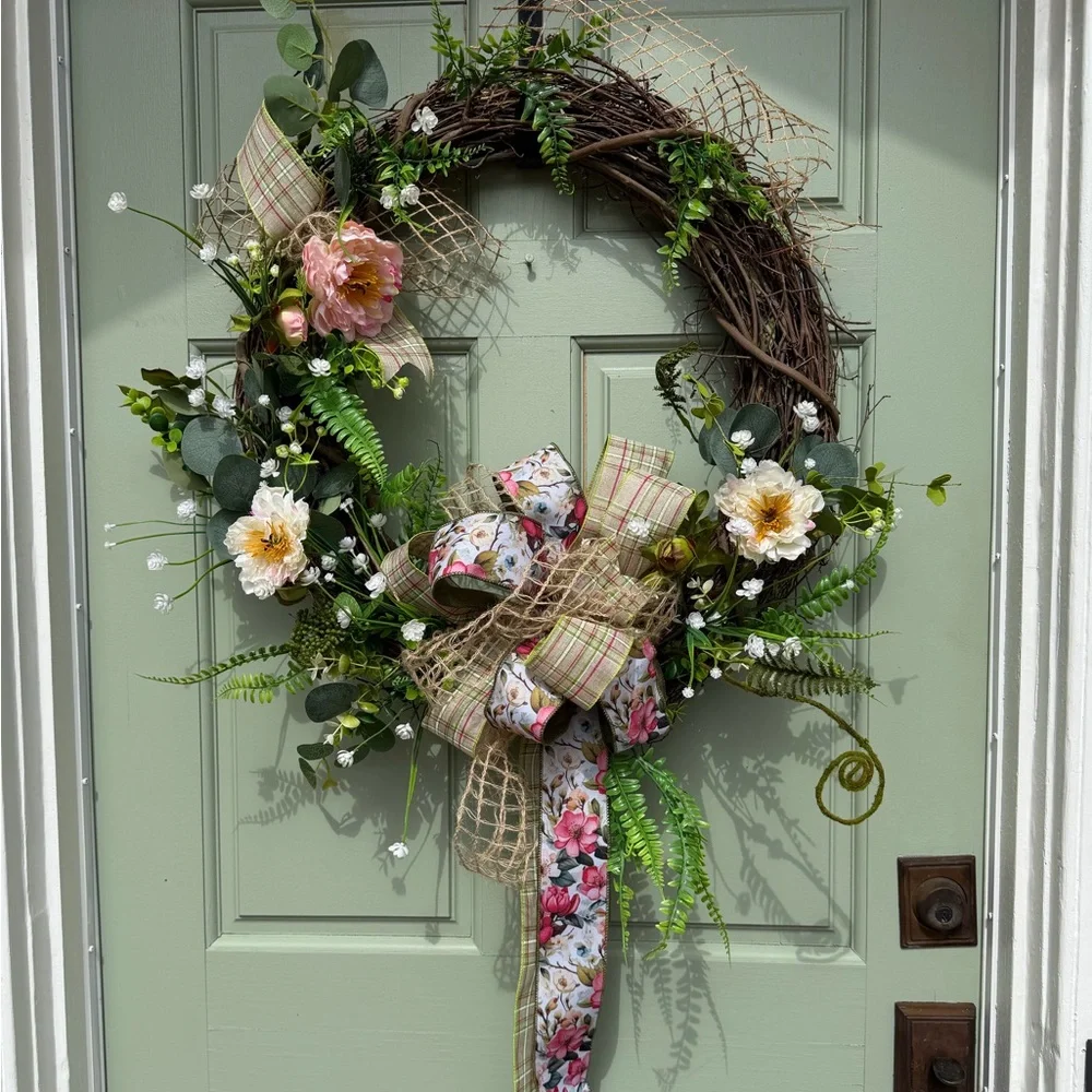 Floral Grapevine Wreath with Pink and Green Accents