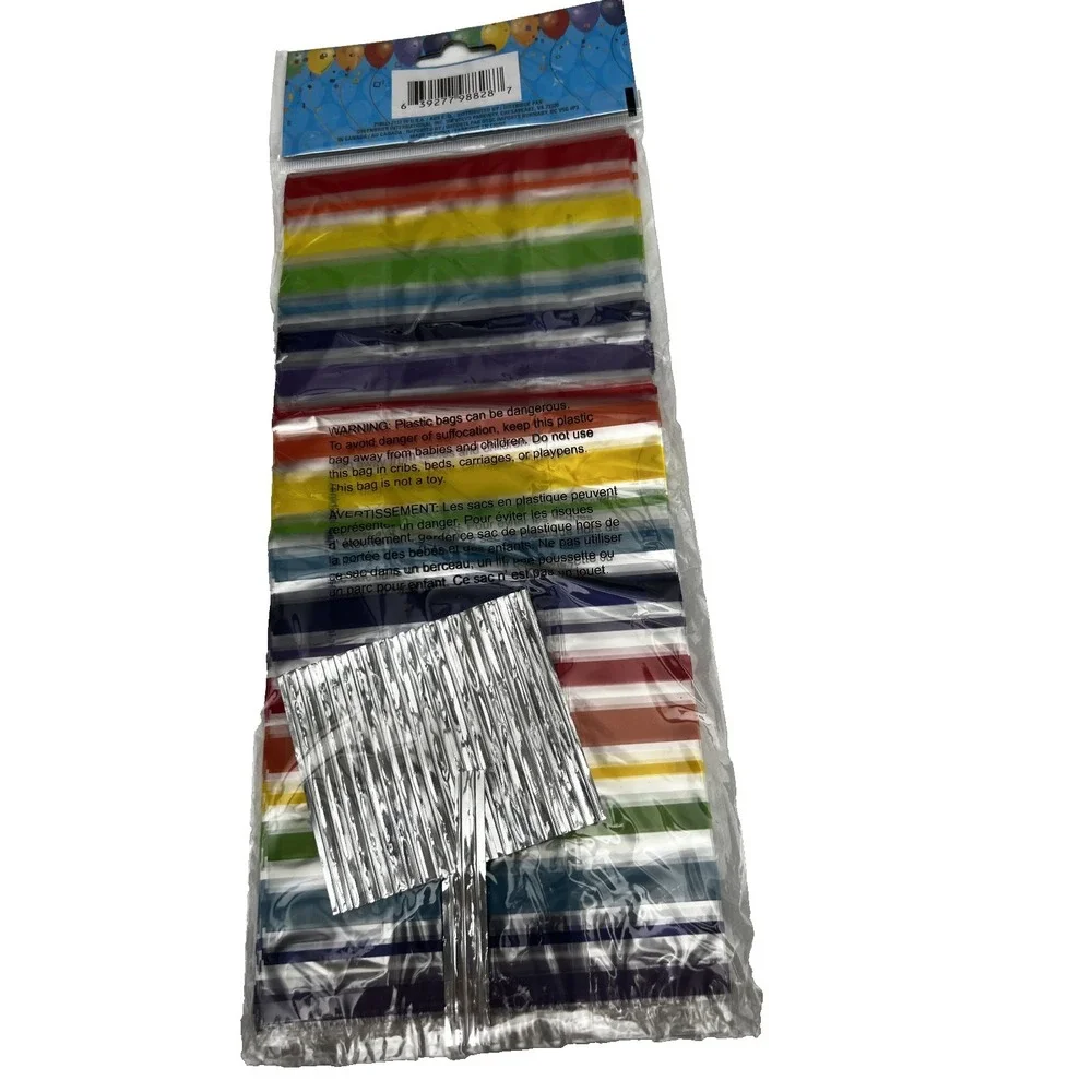 Multi Color Striped CELLO PARTY LOOT BAGS 25 Count TREAT BAGS with Ties NEW