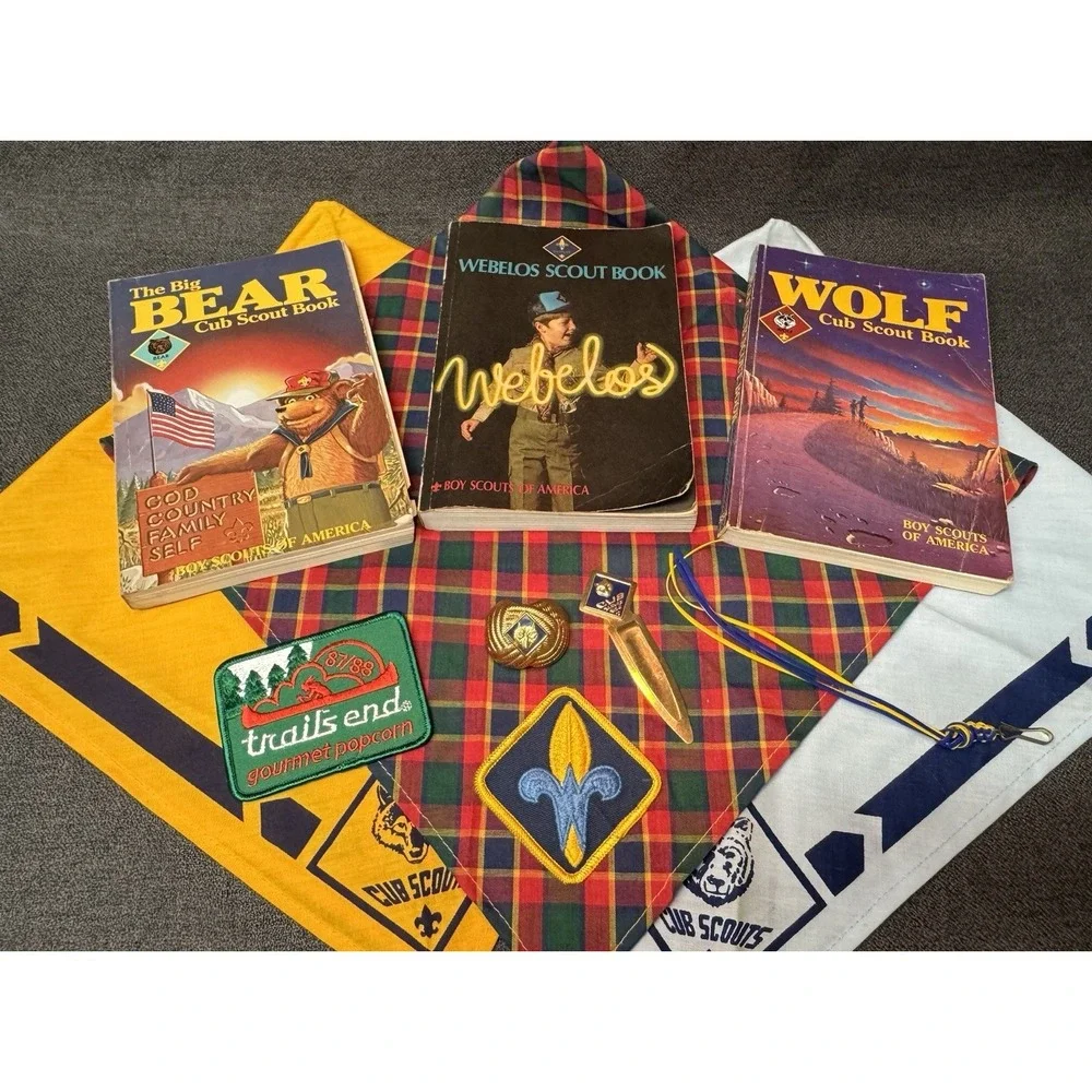 Vintage 80's Boy Cubs Scout Lot 3 Books Scarfs & Accessories Bear Wolf Webelos