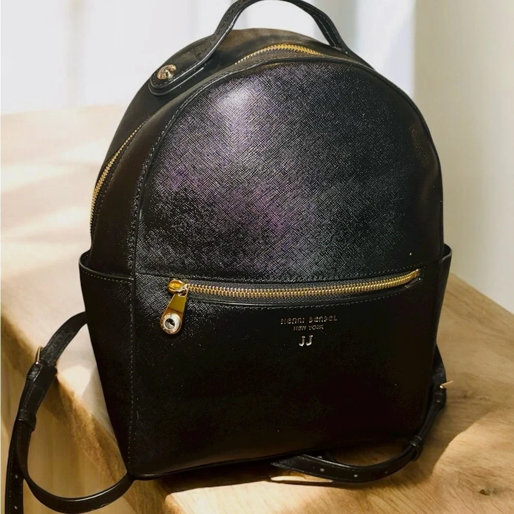 Henri Bendel Soho Black Leather Backpack Purse Gold Hardware w/Dust Bag