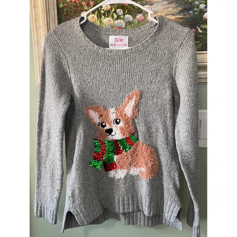 Justice Grey kids Girls Corgi Puppy Dog With Scarf Sweater Size 14/16 Used