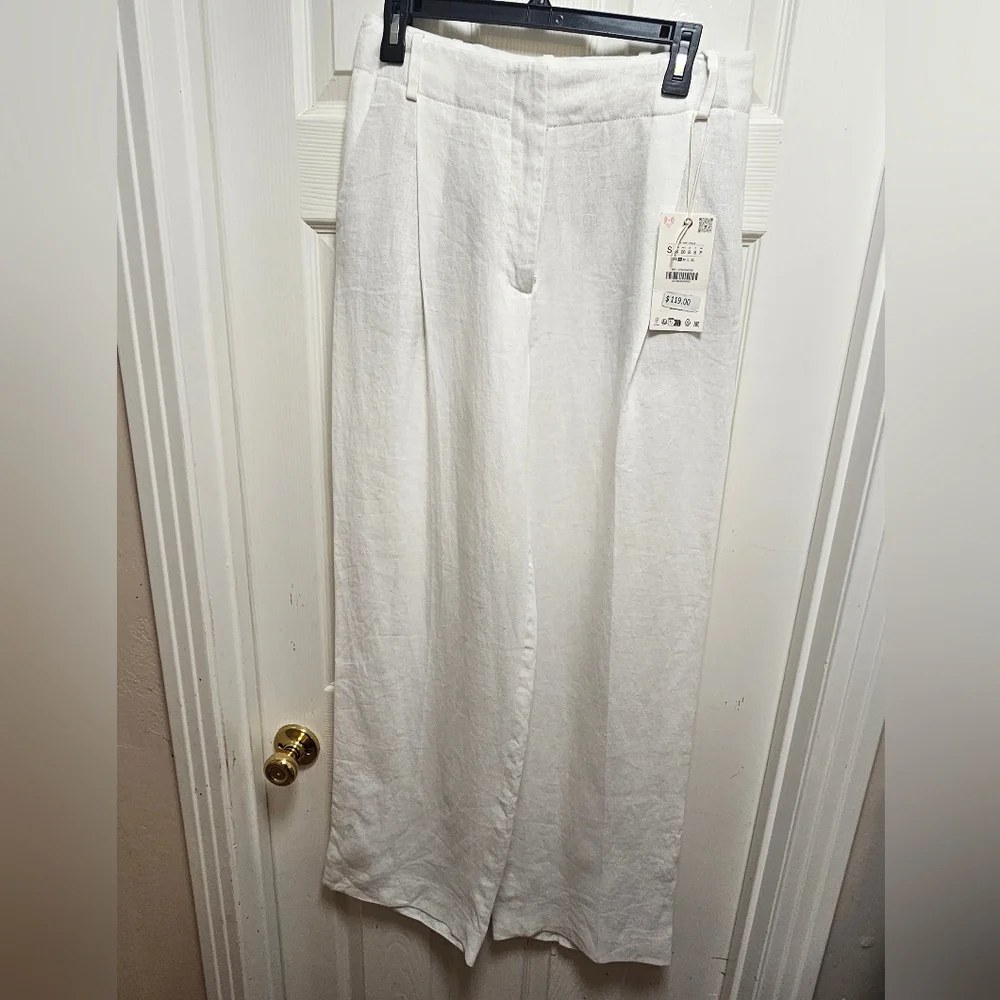 ZARA Ivory Linen Blend Wide Leg Pants Size S NWT High Waist Flowy Pockets Chic