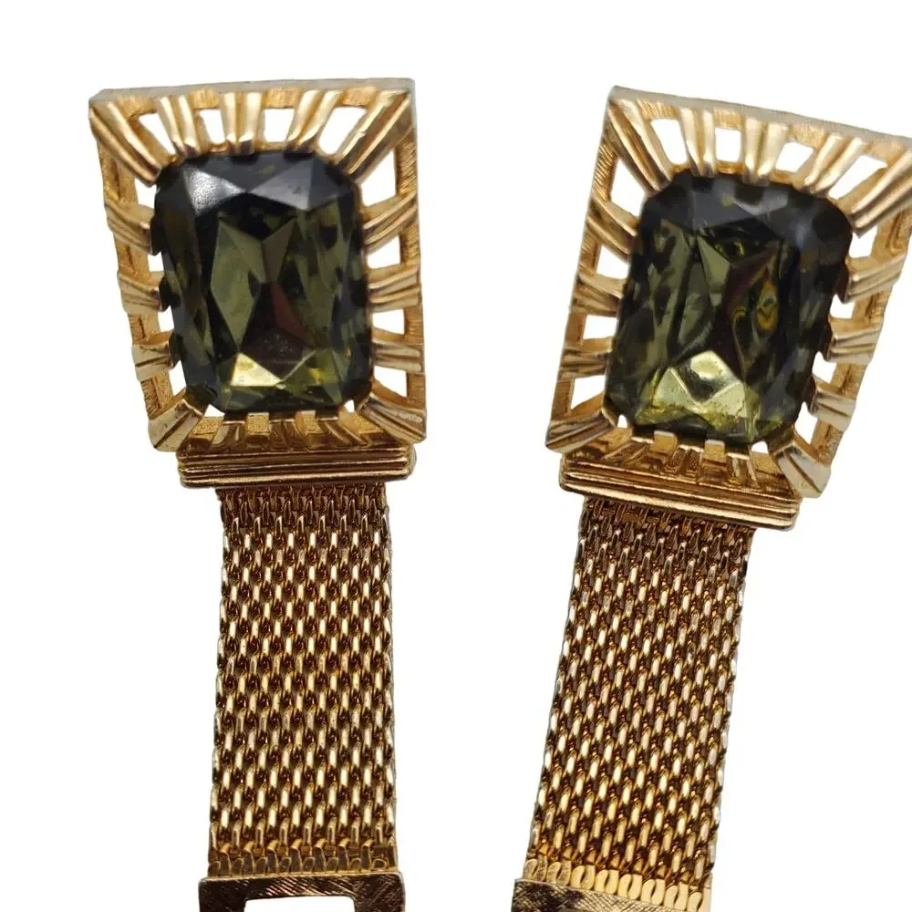 Swank Green Glass Cufflinks Gold Tone Mesh Wrap Stone Retro MCM Large Menswear